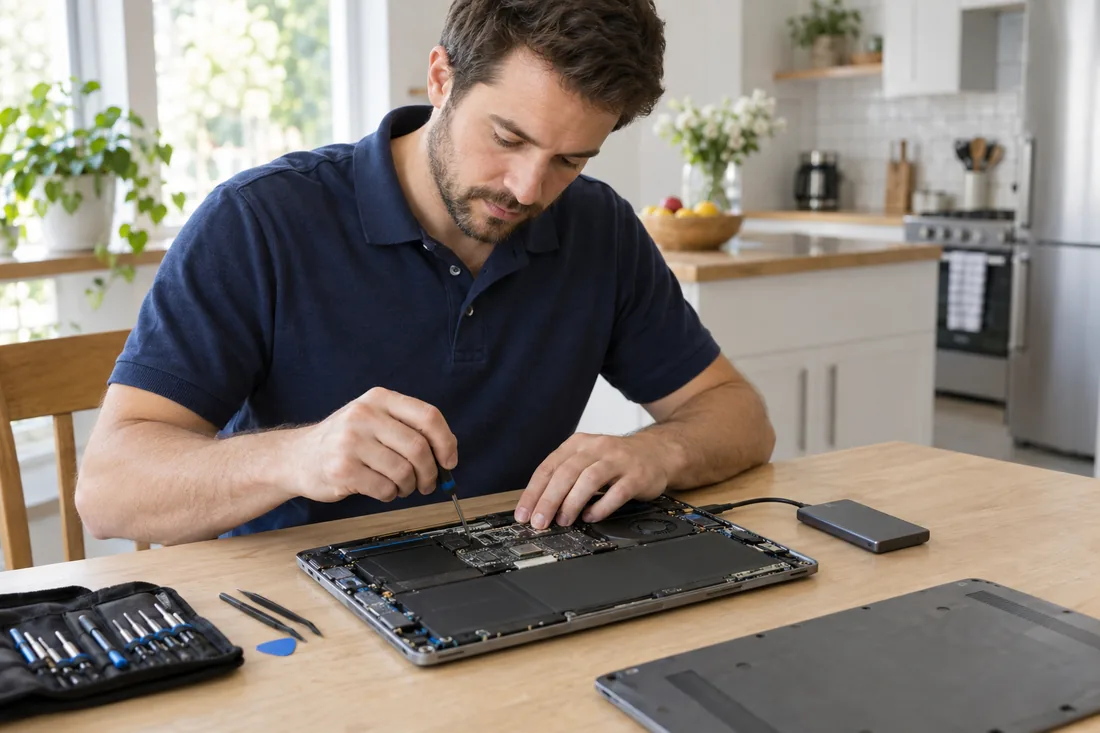 A technician repairing a laptop at a kitchen table