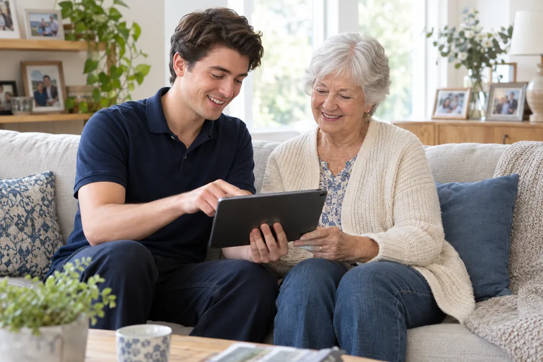 A technician patiently helping an older woman use a tablet on her sofa