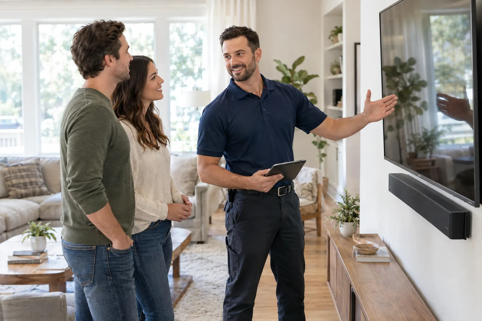 A KindnessWorks technician showing homeowners their newly mounted television