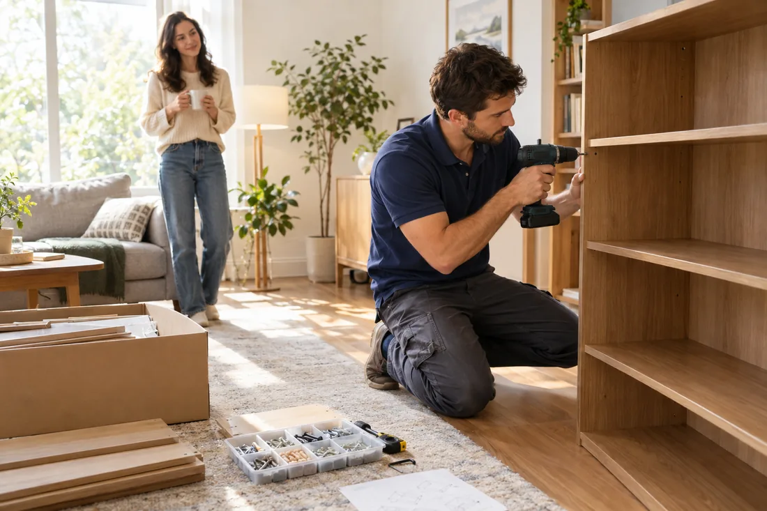 A technician assembling a bookshelf in a sunlit living room