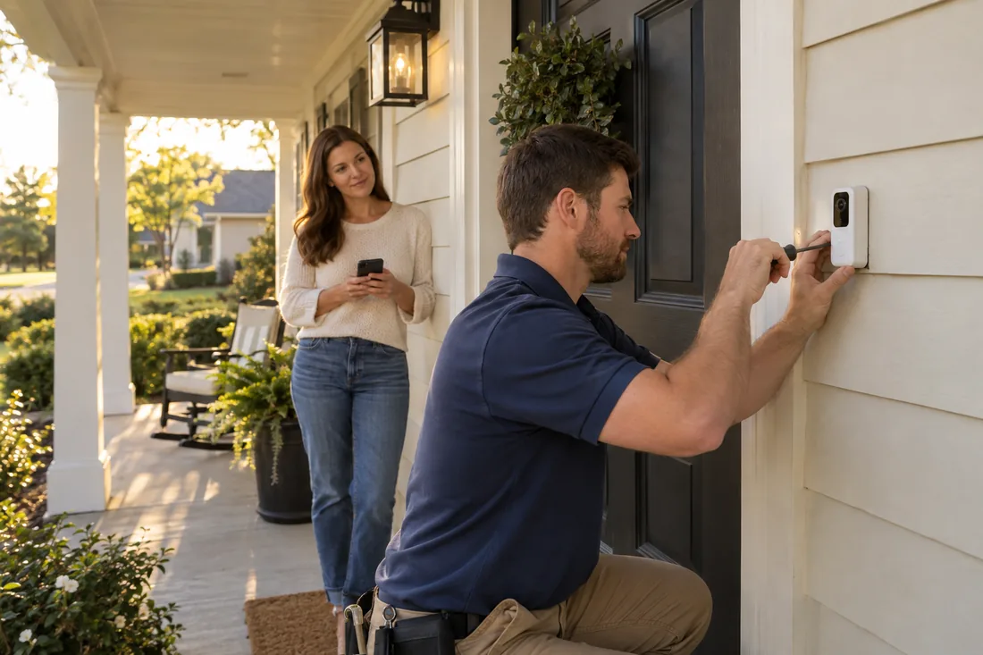 A technician installing a video doorbell while the homeowner watches