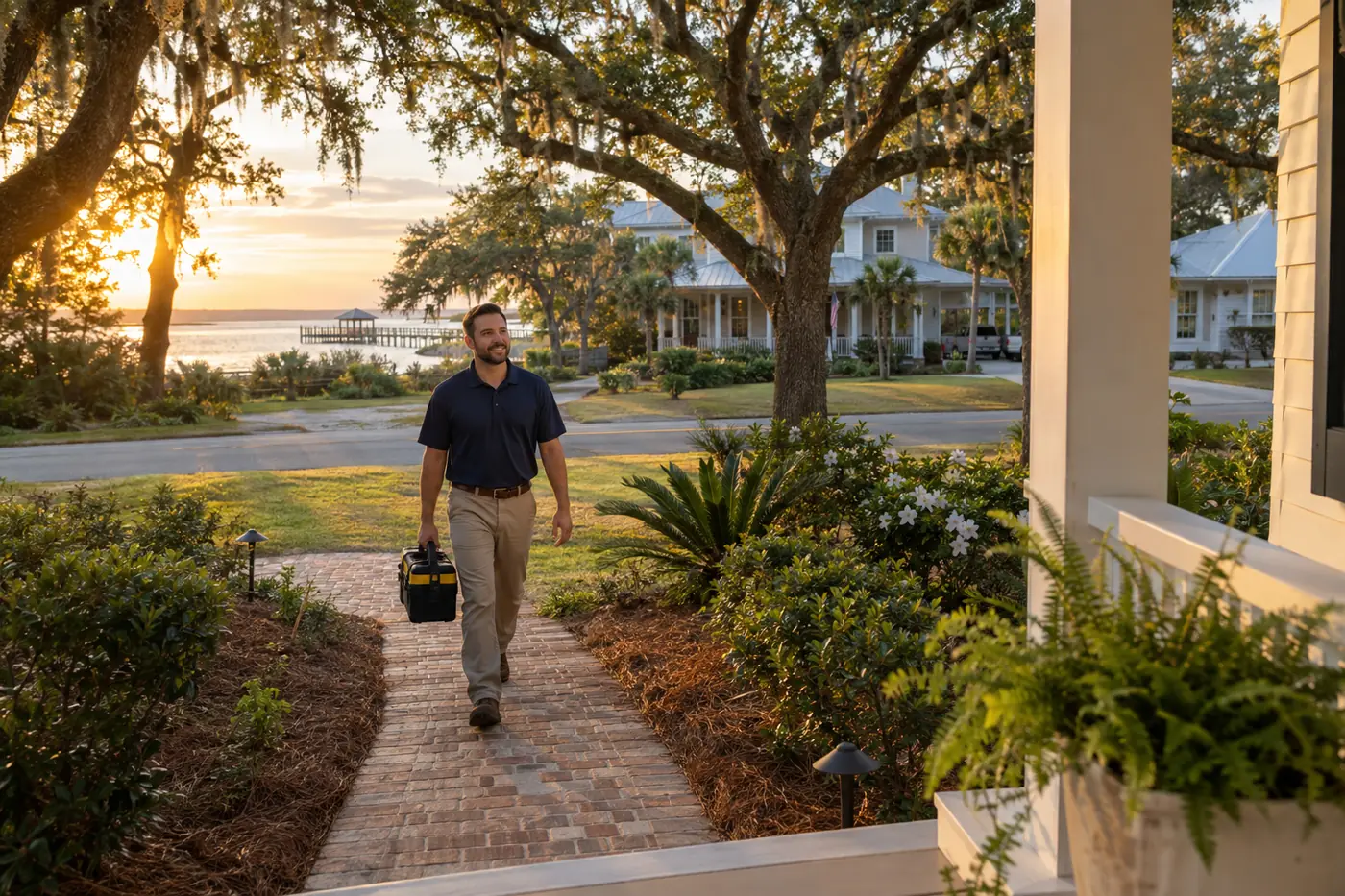 A KindnessWorks technician walking up to a Gulf Coast home at golden hour