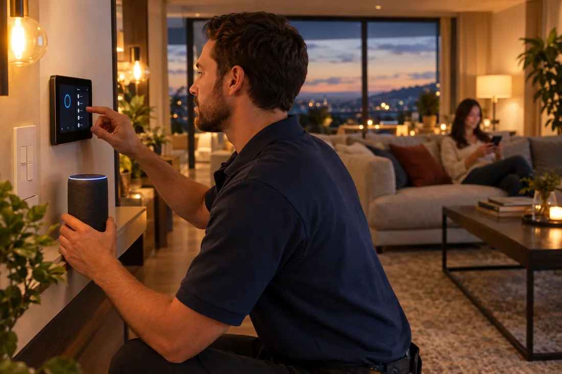 A technician configuring smart lighting and a smart speaker at dusk